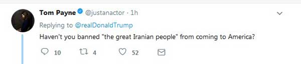 واکنش بازیگر آمریکایی درخصوص توهین ترامپ به مردم ایران (عکس)