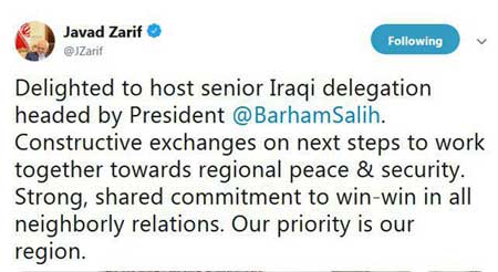 تحلیل ظریف از سفر رییس‌جمهوری عراق به ایران