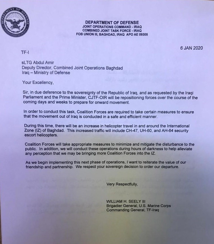 سردرگمی فرمانده ائتلاف آمریکایی؛ ارسال نامه خروج نیروها از عراق بدون هماهنگی با پنتاگون!