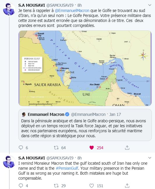 موسوی خطاب به ماکرون: آنچه در جنوب ایران قرار دارد، نامش «خلیج فارس»است