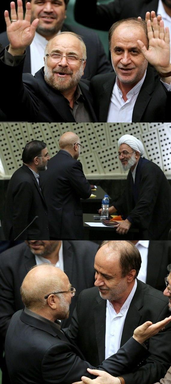 خوش‌وبش قالیباف با حاجی‌بابایی و آقاتهرانی در حاشیه جلسه امروز مجلس (+عکس)